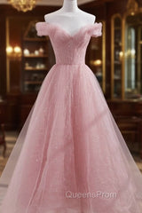 Pink Shiny Tulle Beaded Off Shoulder Long Party Dress, Pink Tulle Evening Dress