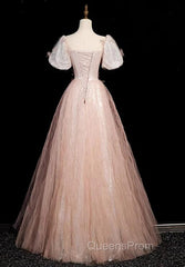 Pink Short Sleeves Tulle Sequins Long Party Dress, Pink Tulle Evening Prom Dress