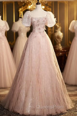 Pink Short Sleeves Tulle Sequins Long Party Dress, Pink Tulle Evening Prom Dress