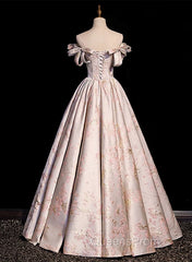 Pink Statin Off Shoulder Floral Long Party Dress, Pink Sweetheart Evening Prom Dress Evening Dress