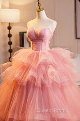 Pink Strapless Tulle Layers Ruffles Long Evening Prom Evening Dress, Pink Sweet 16 Dress