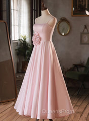 Pink Straps Sweetheart Long Satin Wedding Party Dress, Pink Formal Dress Evening Prom Dress