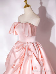 Pink Sweep Train Satin Long Prom Dress, Pink Formal Evening Dresses