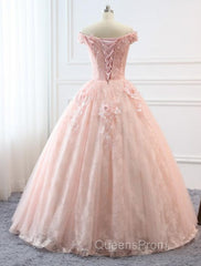 Pink Sweetheart Off Shoulder With Lace Long Sweet 16 Dress, Pink Formal Dress