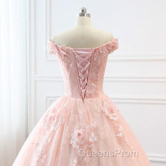Pink Sweetheart Off Shoulder With Lace Long Sweet 16 Dress, Pink Formal Dress