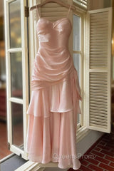 Pink Sweetheart Straps Mermaid Evening Dress, Pink Satin Long Evening Prom Dress