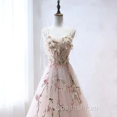 Pink Sweetheart Tulle With Lace Flowers Long Evening Dress, Pink Tulle Evening Prom Dress