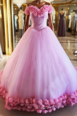Pink tulle 3d flower tulle long Evening Prom gown, pink tulle evening Dress