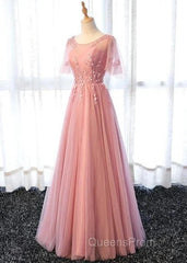 Pink Tulle A-Line Long Party Dress Bridesmaid Dress A Line Short Sleeves Floor Length Evening Prom Dress