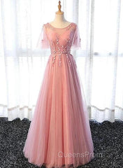 Pink Tulle A-Line Long Party Dress Bridesmaid Dress A Line Short Sleeves Floor Length Evening Prom Dress