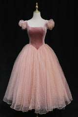 Pink Tulle And Velvet Short Sleeves Party Dress, Pink Tea Length Formal Dress