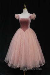 Pink Tulle And Velvet Short Sleeves Party Dress, Pink Tea Length Formal Dress