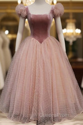 Pink Tulle And Velvet Short Sleeves Party Dress, Pink Tea Length Formal Dress