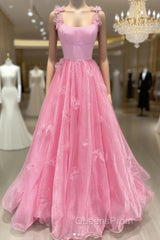 Pink Tulle Applique Long Evening Prom Dress Pink Formal Dress