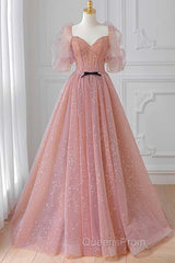Pink Tulle Beautiful Puffy Sleeves Long Evening Prom Dress, Pink A-Line Evening Dress
