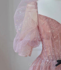 Pink Tulle Beautiful Puffy Sleeves Long Evening Prom Dress, Pink A-Line Evening Dress