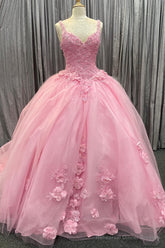 Pink Tulle Floral Appliques Sweetheart Lace-Up Quinceanera Dress