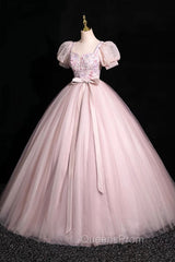 Pink Tulle Floral Floor Length Evening Prom Dress, A-Line Short Sleeve Evening Dress