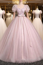 Pink Tulle Floral Floor Length Evening Prom Dress, A-Line Short Sleeve Evening Dress