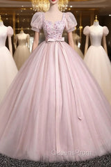 Pink Tulle Floral Floor Length Evening Prom Dress, A-Line Short Sleeve Evening Dress