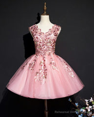 Pink Tulle Flowers Homecoming Dress, Short Pink Teen Formal Dress
