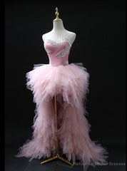 Pink Tulle Strapless Beading Prom Dress
