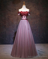 Pink Tulle Lace Applique Long Prom Dress, Burgundy Lace Evening Dress