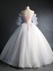 Pink Tulle Lace Applique Long Prom Dress, Tulle Lace Sweet 16 Dress