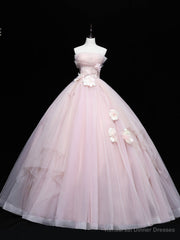 Pink Tulle Lace Applique Long Prom Dresses, Pink Sweet 16 Dresses
