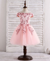 Pink Tulle Lace Applique Short Flower Girl Dresses