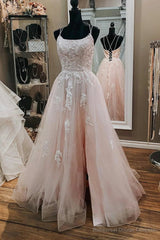 Pink Tulle Lace Appliques A Line Open Back Long Prom Dress, Pink Party Dress