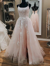 Pink Tulle Lace Appliques A Line Open Back Long Prom Dress, Pink Party Dress