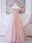 Pink Tulle Lace Beads Long Classy Prom Dress, Pink A Line Classy Evening Dress