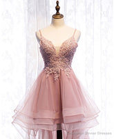 Pink Tulle Lace High Low Prom Dress, Pink Homecoming Dress