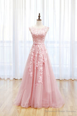 Pink Tulle Lace Long Prom Dress, Lovely A-Line Open Back Evening Dress
