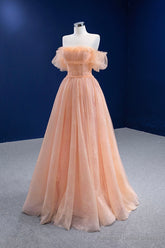 Pink Tulle Lace Strapless Prom Dress, Pink A-Line Evening Party Dress