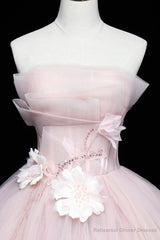 Pink Tulle Long A-Line Ball Gown, Pink Strapless Princess Sweet 16 Dress