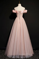 Pink Tulle Long A Line Evening Prom Dress Pink Evening Dress