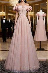 Pink Tulle Long A Line Evening Prom Dress Pink Evening Dress