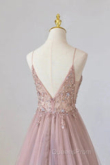 Pink Tulle Long A-Line Evening Prom Dress, Pink Spaghetti Formal Dress With Beaded