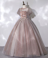 Pink Tulle Long Prom Dress, Pink Formal Sweet 16 Dress with Applique Beading