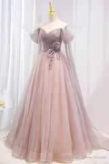 Pink Tulle Off the Shoulder Prom Dress with Beaded, A-Line Formal Evening Dress