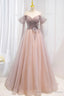 Pink Tulle Off the Shoulder Prom Dress with Beaded, A-Line Formal Evening Dress