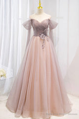 Pink Tulle Off the Shoulder Prom Dress with Beaded, A-Line Formal Evening Dress