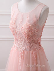 Pink Tulle Round Lace Applique Long Formal Dress, Pink Tulle Junior Evening Prom Dress Party Dress