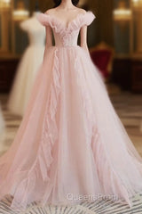 Pink Tulle Ruffles Off The Shoulder Long Evening Prom Dress