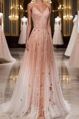 Pink tulle sequin beads long Evening Prom Dress pink tulle formal Dress