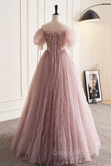 Pink Tulle Sequins Floor Length Evening Prom Dress, Beautiful Off The Shoulder Evening Party Dress