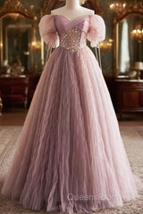 Pink Tulle Sequins Floor Length Evening Prom Dress, Beautiful Off The Shoulder Evening Party Dress