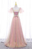 Pink Tulle Sequins Long Prom Dress, Cute Short Sleeve Evening Dress